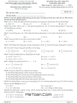 Đề giữa kì 1 Toán 11 năm 2024 - 2025 trường THPT Nguyễn Quốc Trinh - Hà Nội
