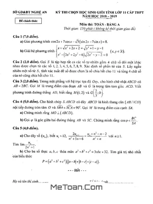 Đề thi HSG tỉnh Toán 11 THPT năm 2018 - 2019 sở GD&ĐT Nghệ An (Bảng A)
