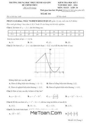 Đề thi học kỳ 1 Toán 10 năm 2023 - 2024 trường TH Thực hành Sài Gòn - TP HCM - TOANMATH.com