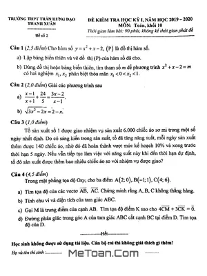 Đề thi học kỳ 1 Toán 10 năm 2019 - 2020 trường Trần Hưng Đạo - Hà Nội