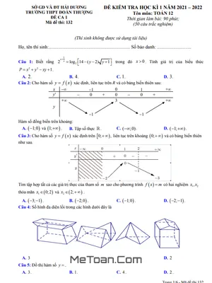 Đề thi học kì 1 Toán 12 năm 2021 - 2022 trường THPT Đoàn Thượng - Hải Dương