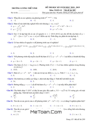 Đề thi học kỳ 1 Toán 12 năm học 2018 - 2019 trường Lương Thế Vinh - Hà Nội