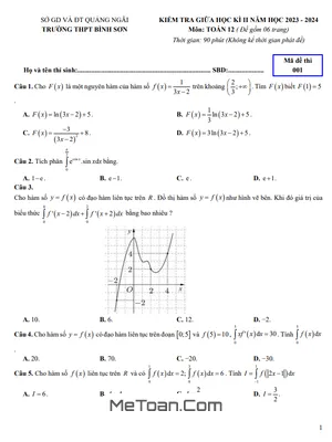 Đề thi giữa kì 2 Toán 12 năm 2023 - 2024 trường THPT Bình Sơn - Quảng Ngãi