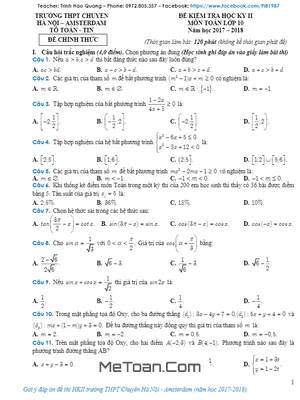 Đề thi học kỳ 2 Toán 10 năm 2017 – 2018 trường THPT chuyên Hà Nội – Amsterdam