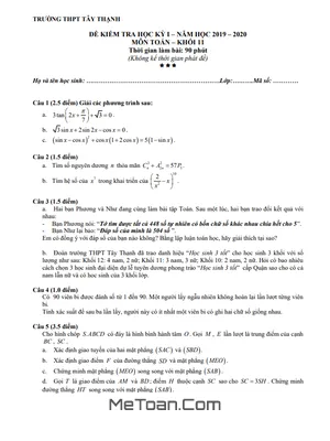 Đề thi học kì 1 Toán 11 năm 2019 - 2020 trường THPT Tây Thạnh - TP HCM