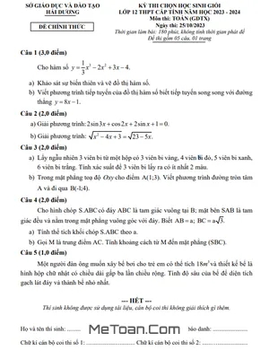 Đề thi chọn HSG Toán 12 GDTX tỉnh Hải Dương năm 2023 - 2024