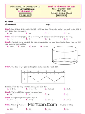 Bộ Đề Ôn Thi Tốt Nghiệp THPT 2021 Môn Toán Trường THPT Nguyễn Tất Thành - Gia Lai