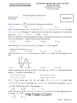 Đề thi thử Toán THPTQG 2018 trường THPT chuyên Thái Bình lần 6 - Có đáp án
