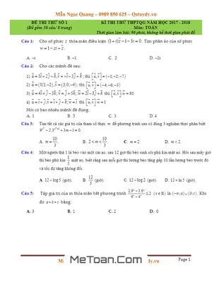 Đề Thi Thử THPT Quốc Gia 2018 Môn Toán - Mẫn Ngọc Quang Lần 1 - Có Lời Giải