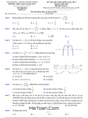 Đề Thi Thử THPT Quốc Gia Môn Toán Trường THPT Lạng Giang 1 - Bắc Giang Lần 3 Năm 2017