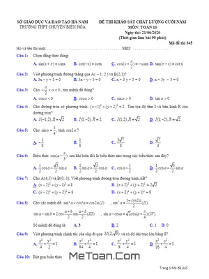 Đề KSCL Toán 10 cuối năm học 2019-2020 trường chuyên Biên Hòa - Hà Nam (có đáp án)
