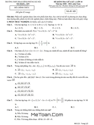 Đề thi giữa kì 1 Toán 10 năm 2020 - 2021 trường THPT Phan Đình Phùng - Hà Nội