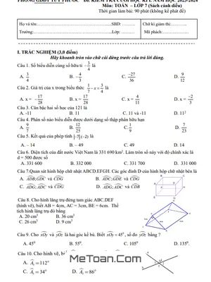 Đề thi học kì 1 Toán 7 Cánh Diều năm 2023 - 2024 phòng GD&ĐT Tuy Phước - Bình Định (có đáp án)