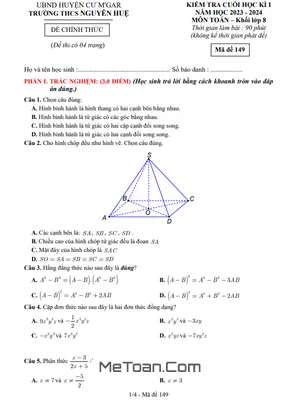Đề thi học kì 1 Toán 8 năm 2023 - 2024 trường THCS Nguyễn Huệ - Đắk Lắk (có đáp án)