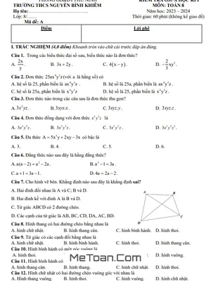 Đề Thi Giữa Kì 1 Toán 8 Năm 2023 - 2024 Trường THCS Nguyễn Bỉnh Khiêm - Quảng Nam
