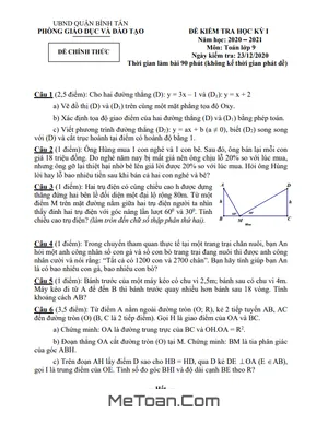 Đề kiểm tra HK1 Toán 9 năm 2020 – 2021 phòng GD&ĐT Bình Tân – TP HCM