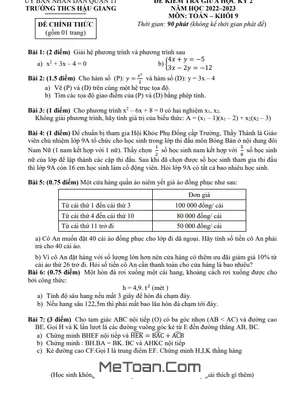Đề thi giữa học kỳ 2 Toán lớp 9 năm 2022 - 2023 trường THCS Hậu Giang - TP HCM