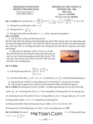 Đề khảo sát Toán 9 tháng 12 năm 2023 trường THCS Kim Giang – Hà Nội