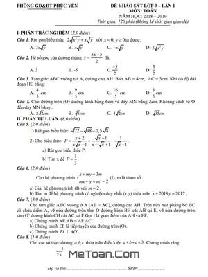 Đề khảo sát Toán 9 năm 2018 - 2019 phòng GD&ĐT Phúc Yên - Vĩnh Phúc