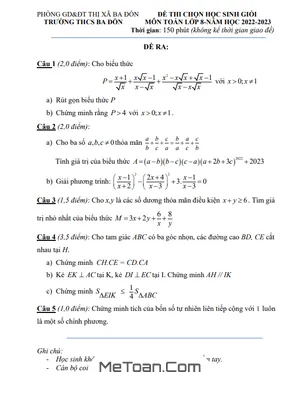 Đề thi học sinh giỏi Toán 8 năm 2022 - 2023 trường THCS Ba Đồn - Quảng Bình (có đáp án)