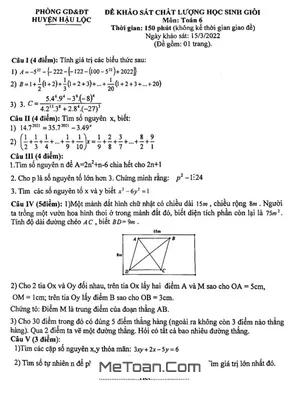 Đề thi học sinh giỏi Toán 6 năm 2021 - 2022 phòng GD&ĐT Hậu Lộc, Thanh Hóa