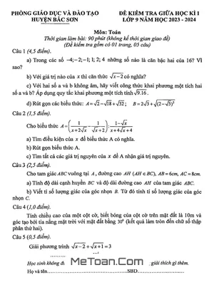 Đề thi giữa kì 1 Toán 9 năm 2023 - 2024 phòng GD&ĐT Bắc Sơn - Lạng Sơn