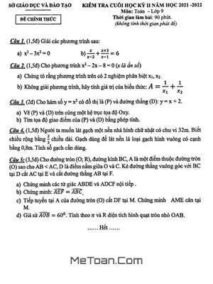 Đề thi Toán 9 cuối kỳ 2 năm 2021-2022 Sở GD&ĐT Bình Dương