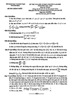 Đề thi vào lớp 10 môn Toán (chuyên) trường THPT chuyên Lam Sơn - Thanh Hóa năm 2024 - 2025