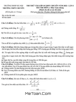 Đề thi thử vào 10 chuyên 2023 lần 1 môn Toán - THPT chuyên ĐHSP Hà Nội