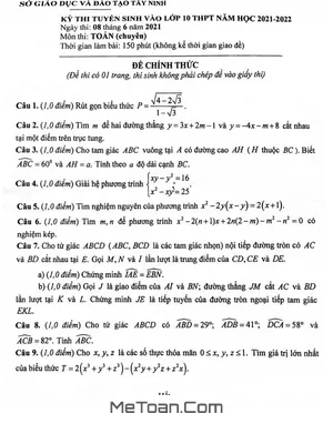Đề thi Tuyển sinh Lớp 10 Môn Toán Chuyên - Sở GD&ĐT Tây Ninh Năm 2021 - 2022