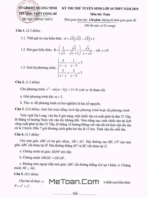 Đề thi thử Toán vào lớp 10 trường THPT Uông Bí - Quảng Ninh năm 2019