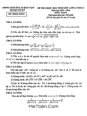 Đề thi học sinh giỏi Toán 9 vòng 1 năm 2023 - 2024 phòng GD&ĐT Tứ Kỳ - Hải Dương