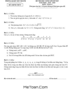 Đề thi HSG huyện Toán 9 năm 2019 - 2020 phòng GD&ĐT Yên Thành - Nghệ An