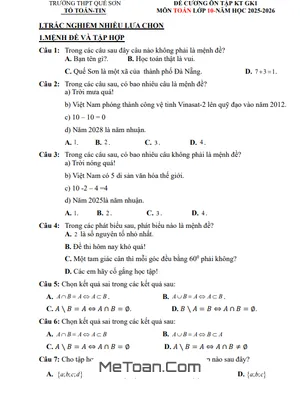 Đề Cương Ôn Tập Giữa Kì 1 Toán 10 Năm 2025 – 2026 THPT Quế Sơn, Đà Nẵng