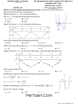 Tải Đề Thi Giữa Kỳ 1 Toán 12 Năm 2025 - 2026 THPT A Hải Hậu (Có Đáp Án)