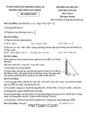 Đề thi học kì 1 Toán 8 năm học 2025 - 2026 trường THCS Phan Chu Trinh - Hà Nội