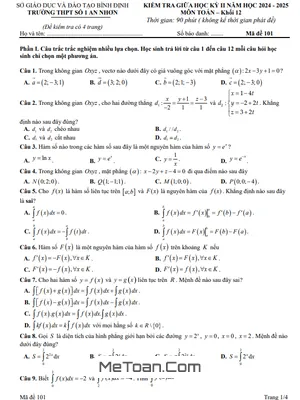 Đề giữa kỳ 2 Toán 12 năm 2024 – 2025 trường THPT số 1 An Nhơn – Bình Định
