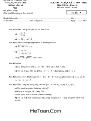 Đề thi học kì 1 Toán 10 năm 2019 - 2020 trường Trương Vĩnh Ký - TP HCM
