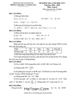Đề thi học kỳ 1 Toán 8 năm 2023 - 2024 phòng GD&ĐT Thanh Oai - Hà Nội