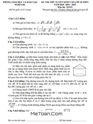 Đề thi thử Toán tuyển sinh lớp 10 năm 2024 - 2025 phòng GD&ĐT Nghi Lộc - Nghệ An
