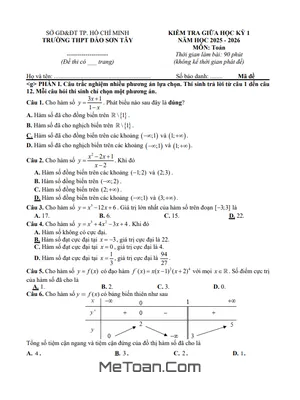 Đề thi Giữa Kỳ 1 Toán 12 năm 2025 - 2026 THPT Đào Sơn Tây (TP.HCM) có Đáp Án
