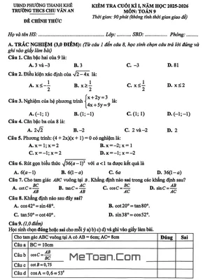 Đề Thi Cuối Học Kì 1 Toán 9 Năm 2025 – 2026 Trường THCS Chu Văn An – Đà Nẵng