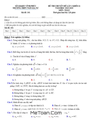 Đề thi chuyên đề Toán 11 lần 2 năm 2019 - 2020 trường Ngô Gia Tự - Vĩnh Phúc