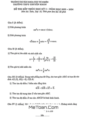 Đề thi học kỳ 1 Toán 10 năm 2023 – 2024 trường THPT chuyên KHTN – Hà Nội