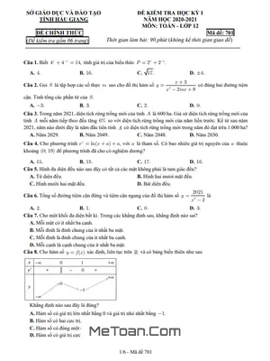 Đề kiểm tra học kỳ 1 Toán 12 năm 2020 - 2021 sở GD&ĐT Hậu Giang