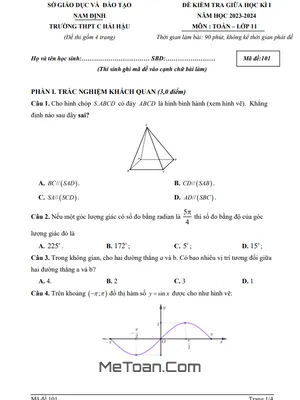 Đề Thi Giữa Học Kì 1 Toán 11 Năm 2023 - 2024 Trường THPT C Hải Hậu - Nam Định