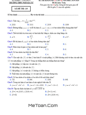 Đề thi chuyên đề Toán 12 lần 2 năm 2019 - 2020 trường Ngô Gia Tự - Vĩnh Phúc