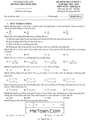 Đề thi cuối kỳ 2 Toán 10 năm 2022 - 2023 trường THPT Buôn Đôn - Đắk Lắk