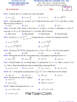 Đề thi học kỳ 1 Toán 11 năm 2019 - 2020 trường THPT Quốc Oai - Hà Nội