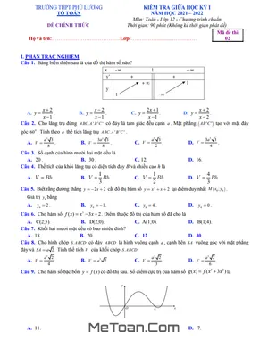 Đề thi giữa kỳ 1 Toán 12 năm 2021 - 2022 trường THPT Phú Lương - Thái Nguyên